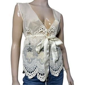 Impish Lee Women’s One Size Cream Gray Crocheted Lace Tie Front Sheer Blouse
